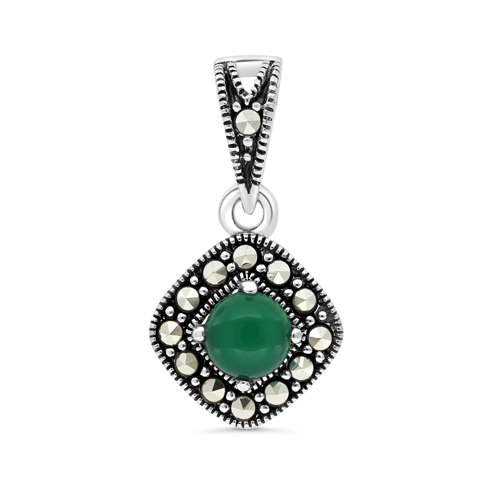 Sterling Silver 925 Pendant Embedded With Natural Green Agate And Marcasite Stones