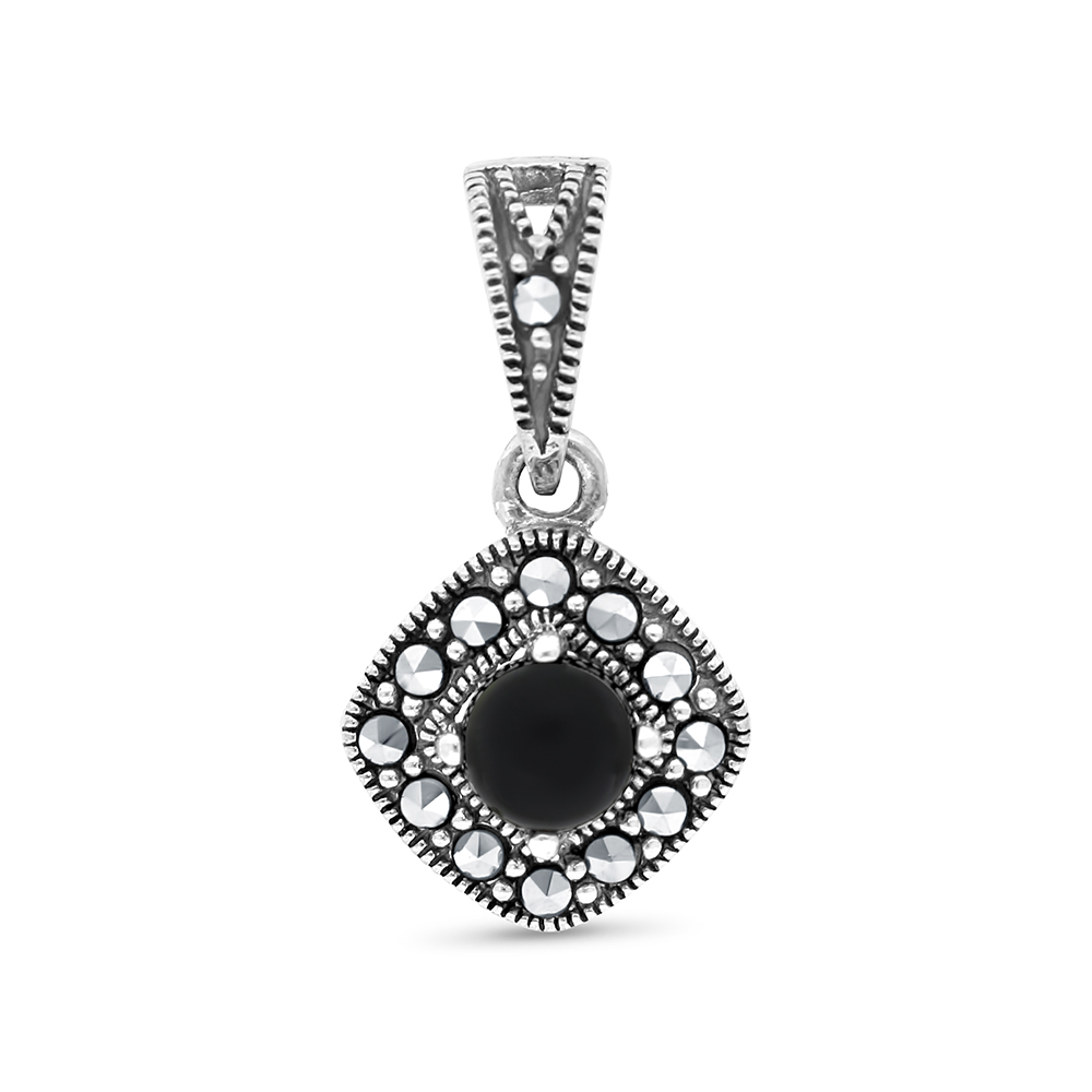 Sterling Silver 925 Pendant Embedded With Natural Black Agate And Marcasite Stones