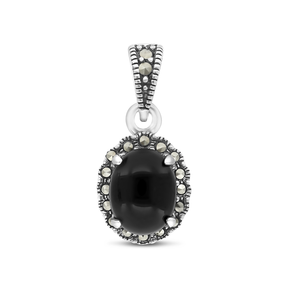 Sterling Silver 925 Pendant Embedded With Natural Black Agate And Marcasite Stones