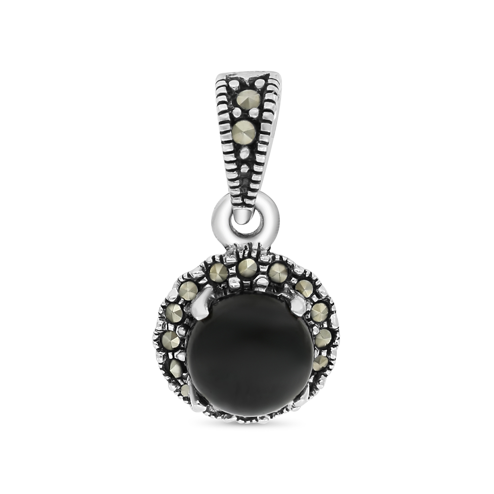 Sterling Silver 925 Pendant Embedded With Natural Black Agate And Marcasite Stones