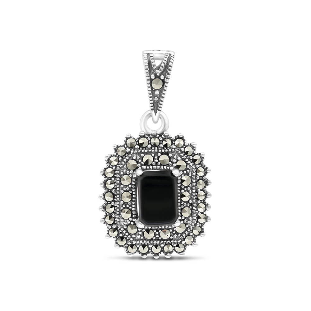 Sterling Silver 925 Pendant Embedded With Natural Black Agate And Marcasite Stones