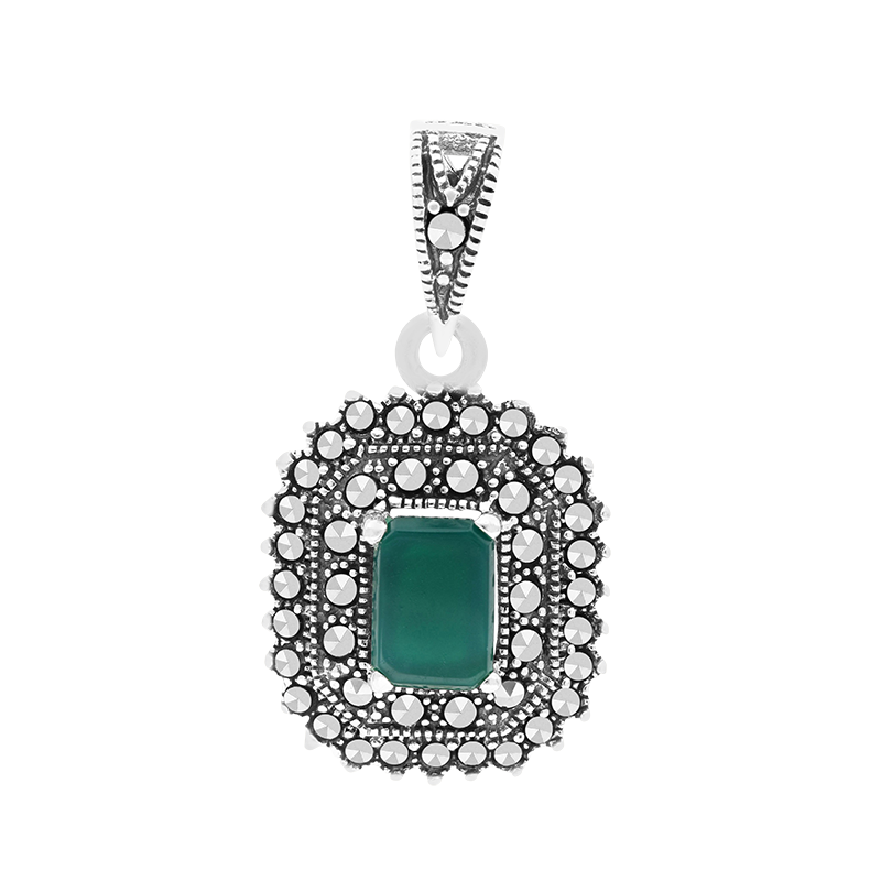 Sterling Silver 925 Pendant Embedded With Natural Green Agate And Marcasite Stones