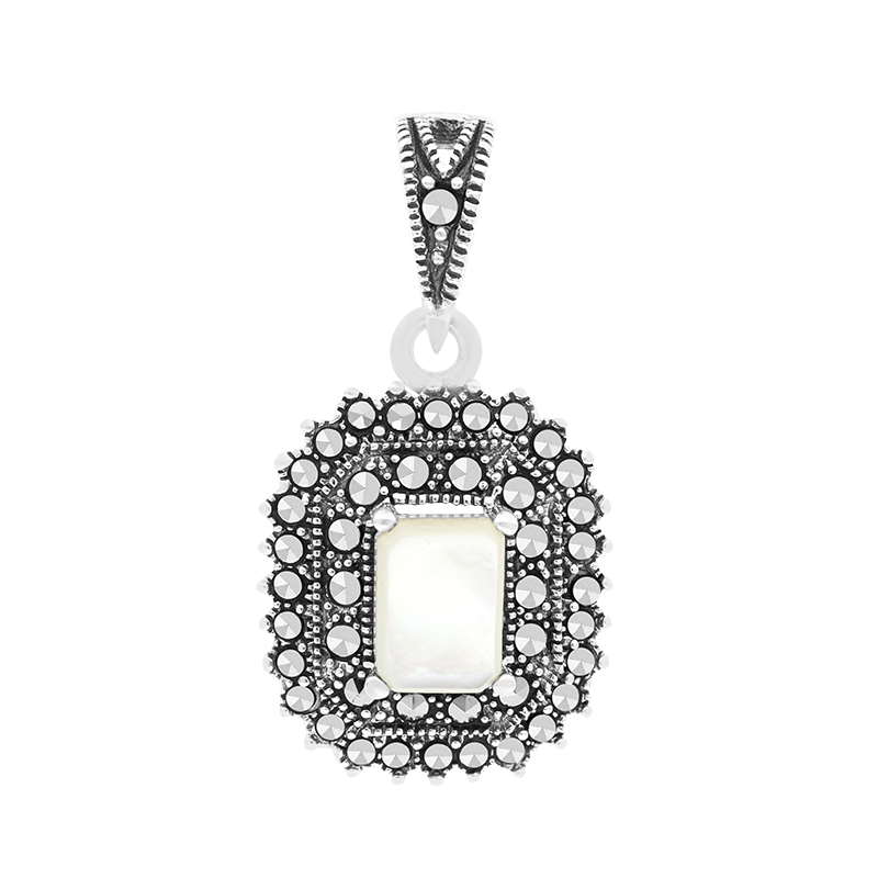 Sterling Silver 925 Pendant Embedded With Natural White Shell And Marcasite Stones