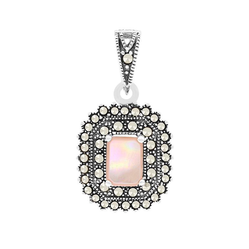 Sterling Silver 925 Pendant Embedded With Natural Pink Shell And Marcasite Stones