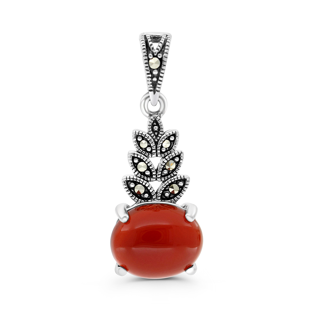 Sterling Silver 925 Pendant Embedded With Natural Aqiq And Marcasite Stones