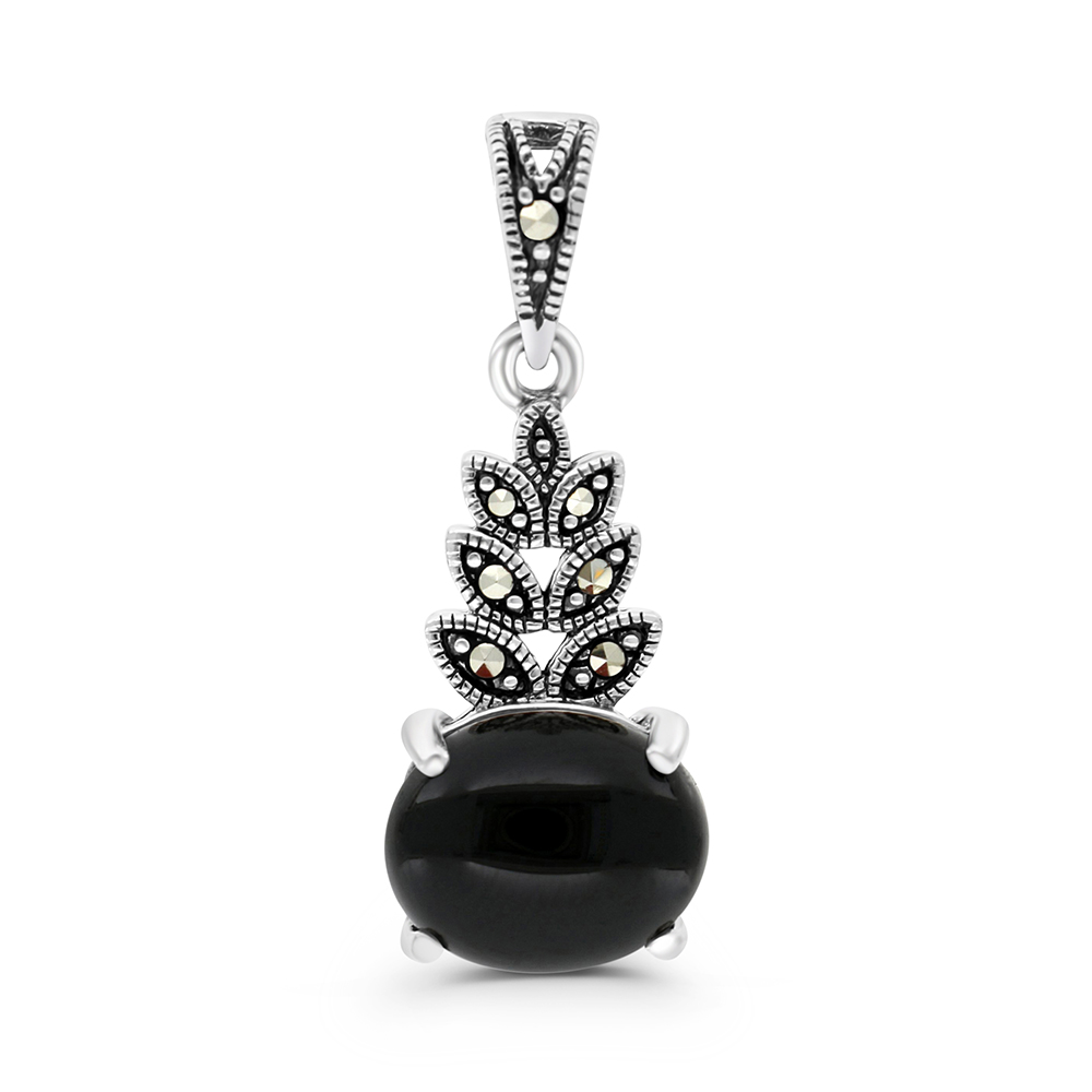 Sterling Silver 925 Pendant Embedded With Natural Black Agate And Marcasite Stones