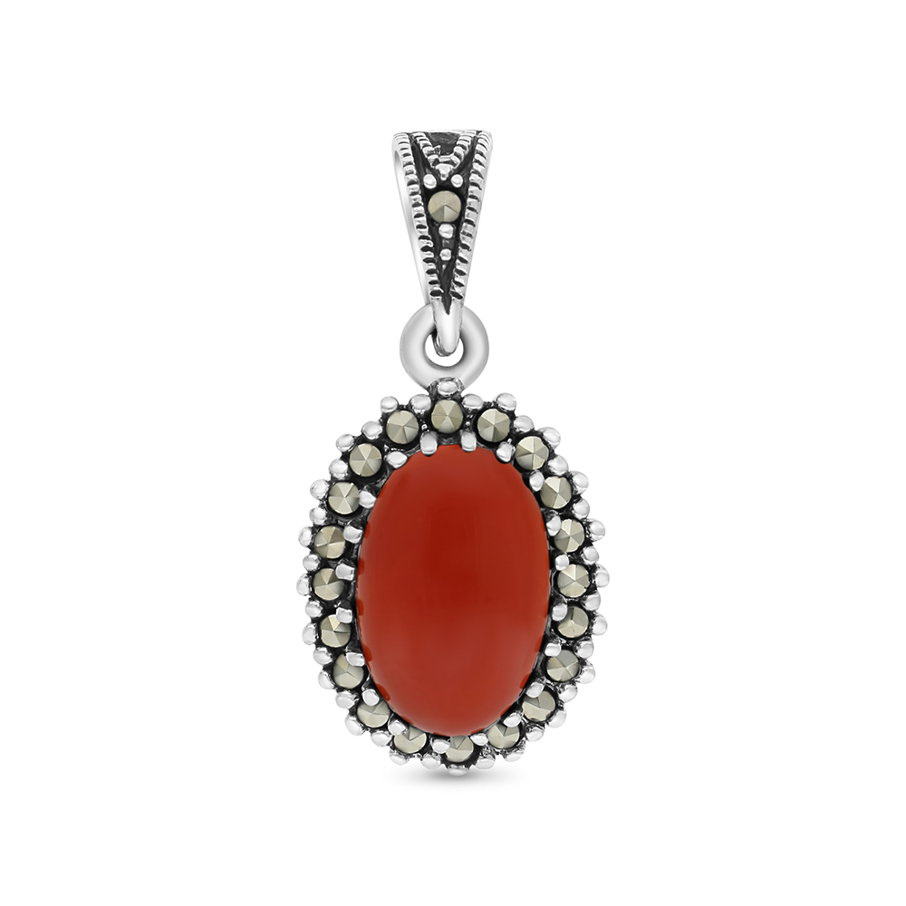 Sterling Silver 925 Pendant Embedded With Natural Aqiq And Marcasite Stones