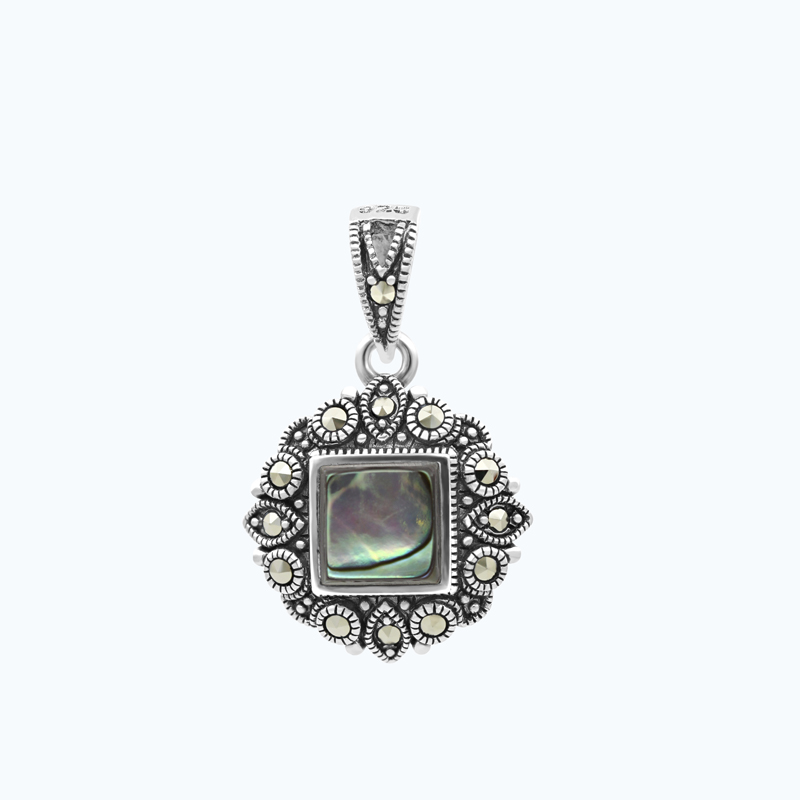 Sterling Silver 925 Pendant Embedded With Natural Blue Shell And Marcasite Stones