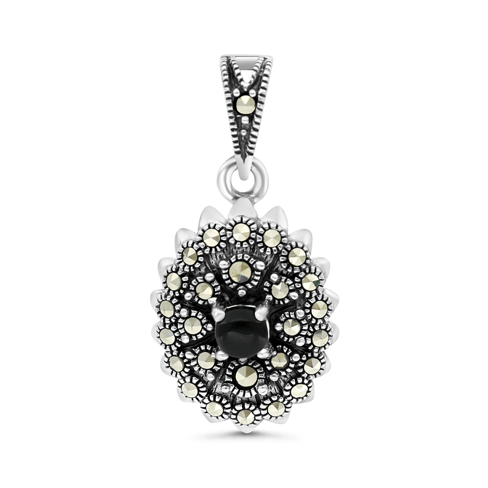 Sterling Silver 925 Pendant Embedded With Natural Black Agate And Marcasite Stones