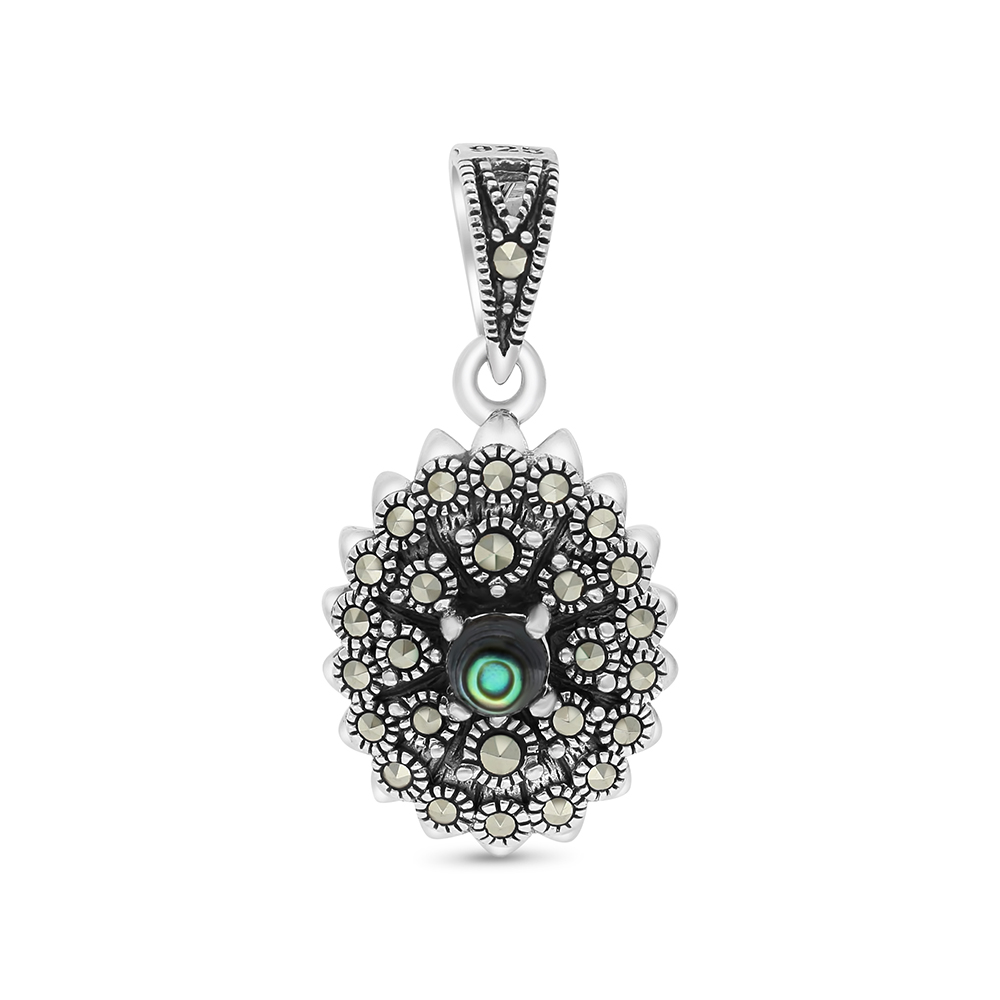 Sterling Silver 925 Pendant Embedded With Natural Blue Shell And Marcasite Stones