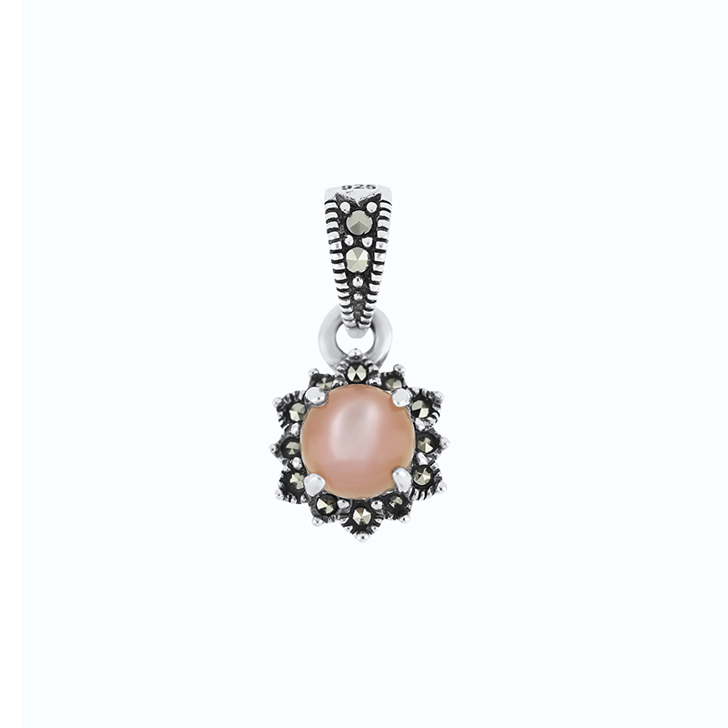 Sterling Silver 925 Pendant Embedded With Natural Pink Shell And Marcasite Stones