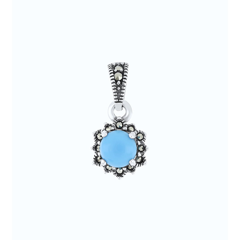 Sterling Silver 925 Pendant Embedded With Natural Processed Turquoise And Marcasite Stones