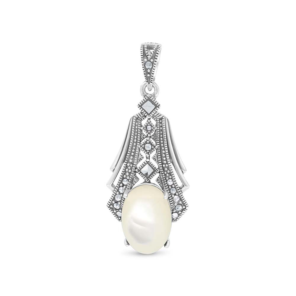 Sterling Silver 925 Pendant Embedded With Natural White Shell And Marcasite Stones