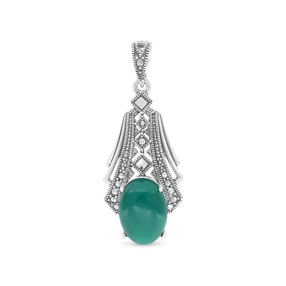 Sterling Silver 925 Pendant Embedded With Natural Green Agate And Marcasite Stones