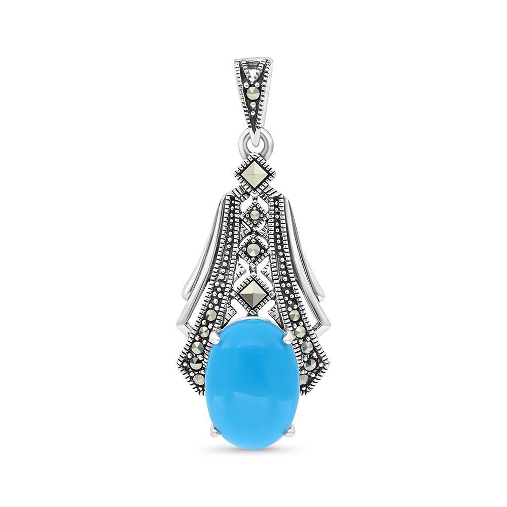 Sterling Silver 925 Pendant Embedded With Natural Processed Turquoise And Marcasite Stones