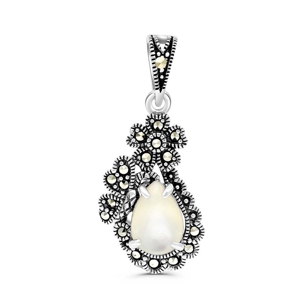 Sterling Silver 925 Pendant Embedded With Natural White Shell And Marcasite Stones