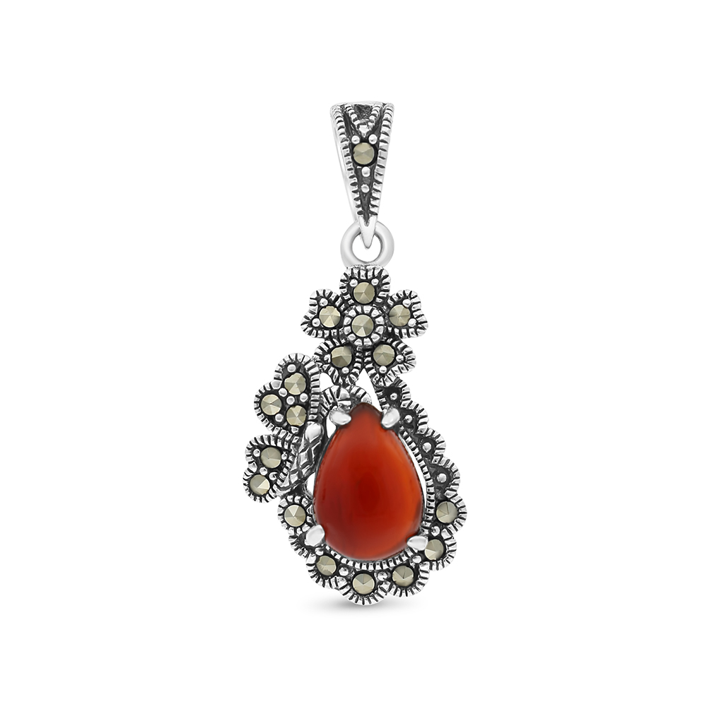 Sterling Silver 925 Pendant Embedded With Natural Aqiq And Marcasite Stones