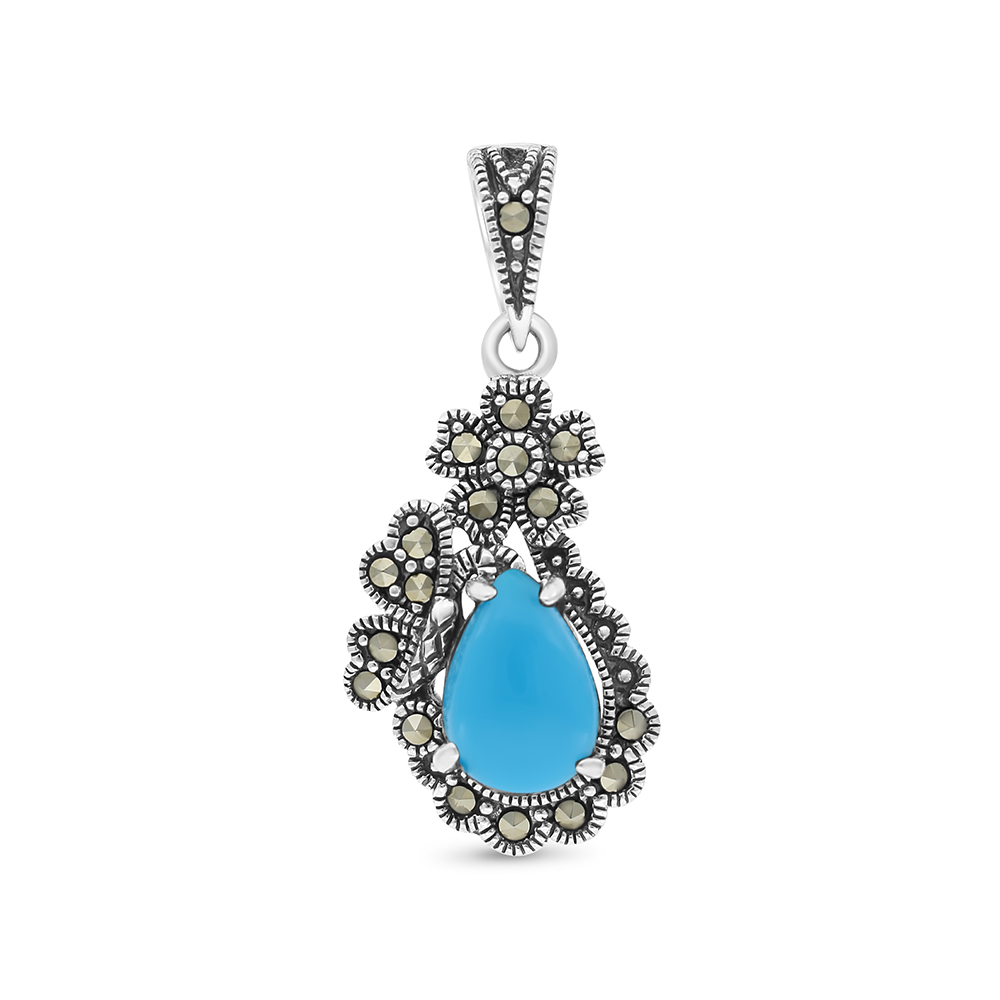 Sterling Silver 925 Pendant Embedded With Natural Processed Turquoise And Marcasite Stones