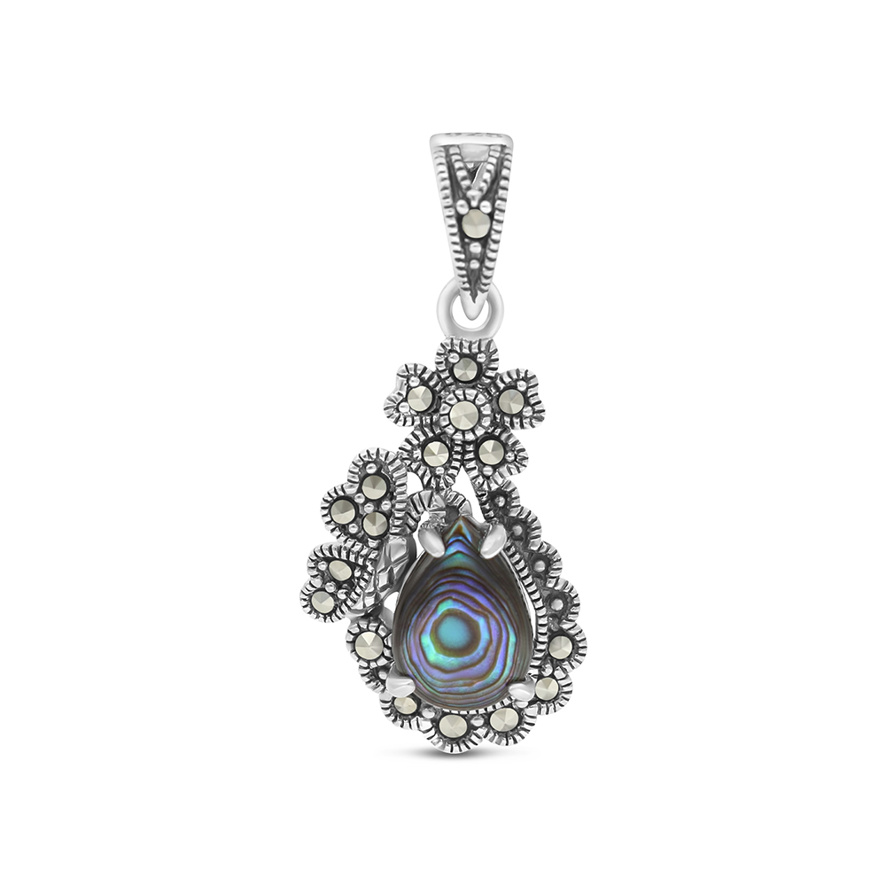 Sterling Silver 925 Pendant Embedded With Natural Blue Shell And Marcasite Stones