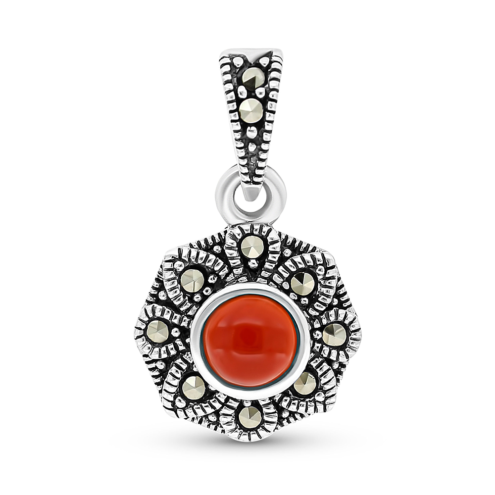 Sterling Silver 925 Pendant Embedded With Natural Aqiq And Marcasite Stones