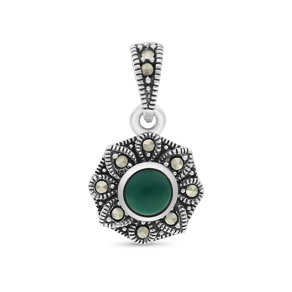 Sterling Silver 925 Pendant Embedded With Natural Green Agate And Marcasite Stones