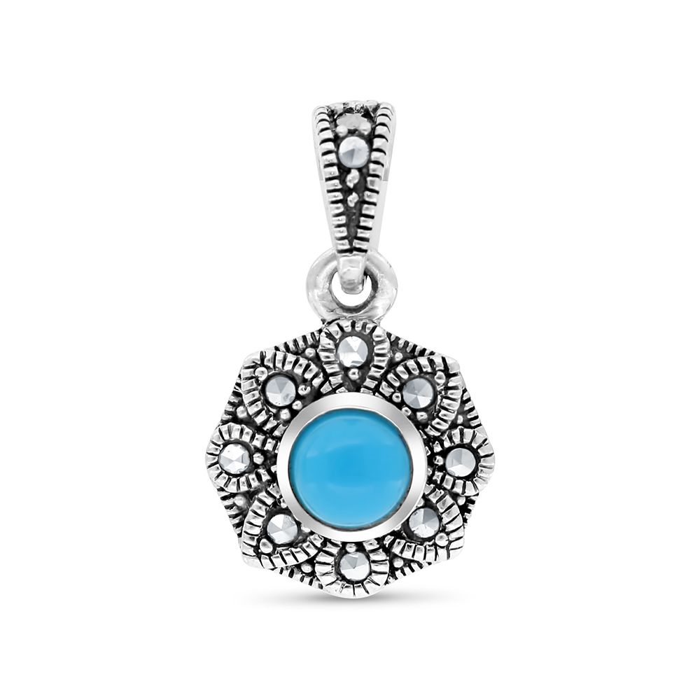 Sterling Silver 925 Pendant Embedded With Natural Processed Turquoise And Marcasite Stones