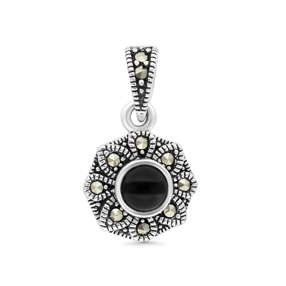 Sterling Silver 925 Pendant Embedded With Natural Black Agate And Marcasite Stones