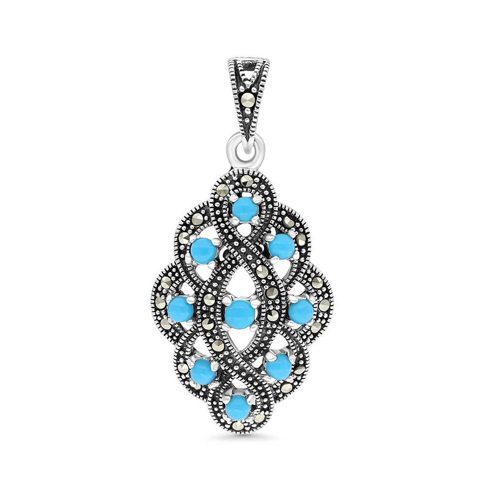 Sterling Silver 925 Pendant Embedded With Natural Processed Turquoise And Marcasite Stones