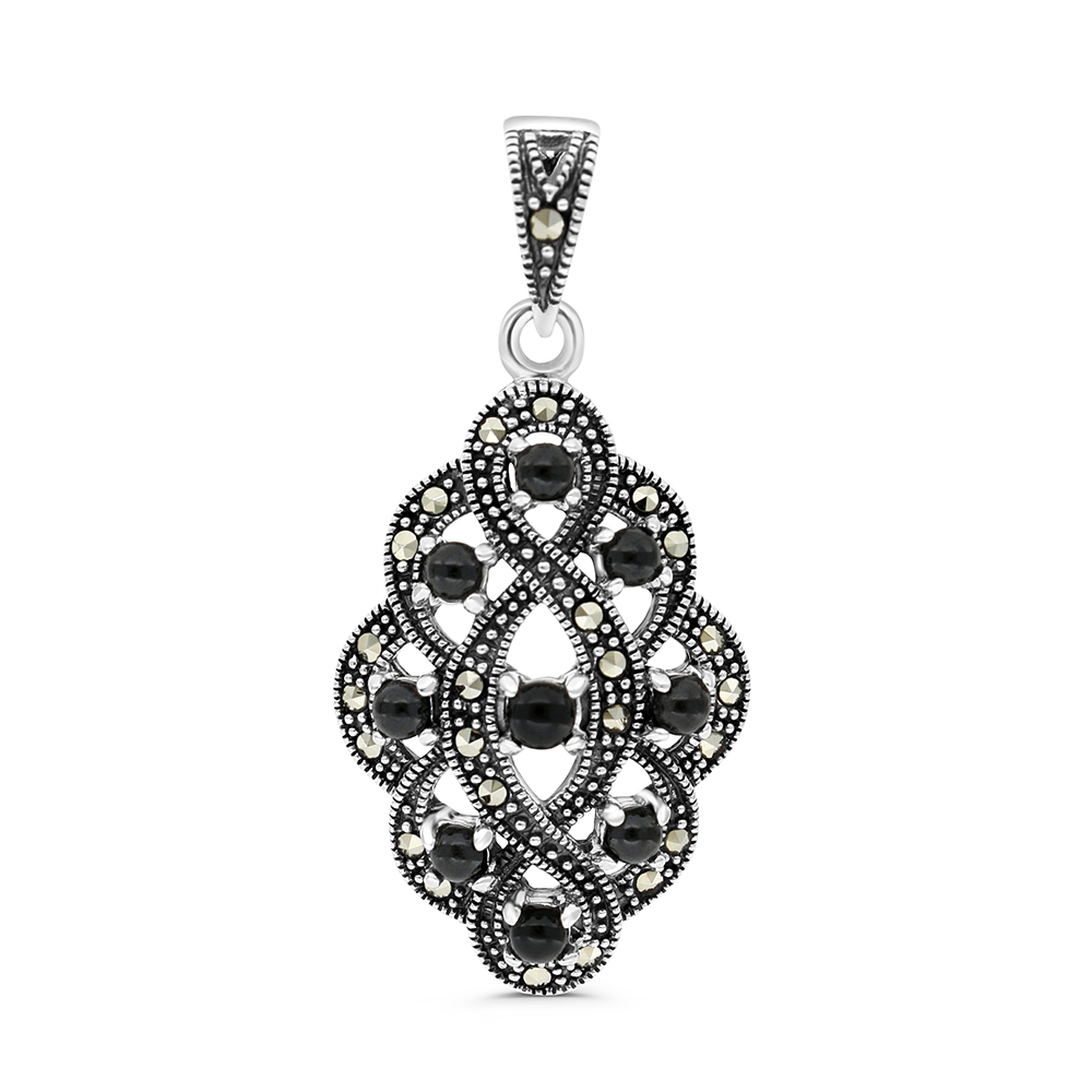 Sterling Silver 925 Pendant Embedded With Natural Black Agate And Marcasite Stones