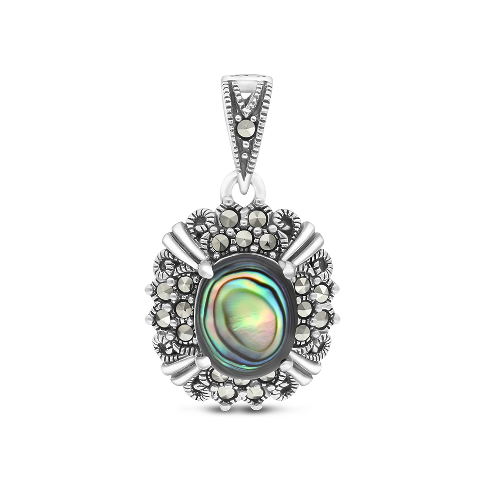 Sterling Silver 925 Pendant Embedded With Natural Blue Shell And Marcasite Stones