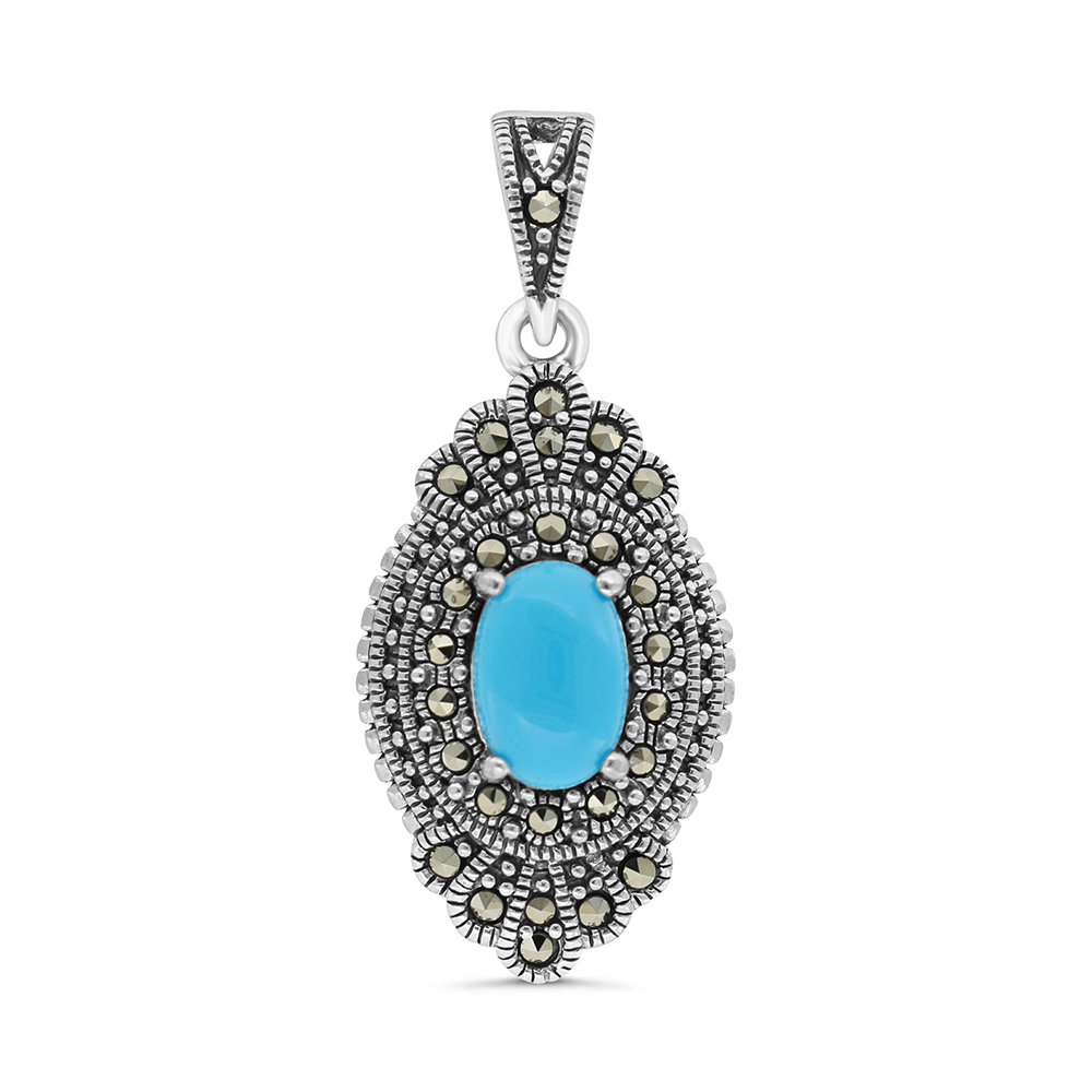 Sterling Silver 925 Pendant Embedded With Natural Processed Turquoise And Marcasite Stones