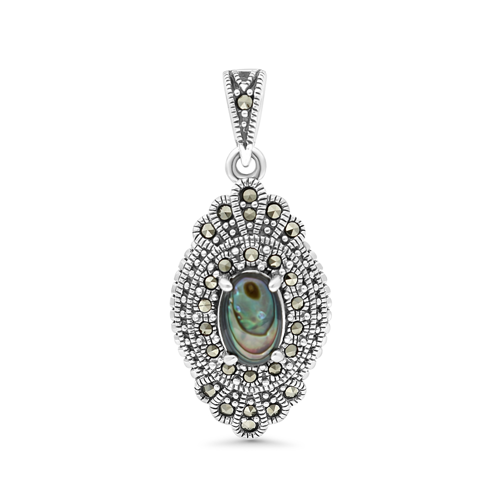 Sterling Silver 925 Pendant Embedded With Natural Blue Shell And Marcasite Stones