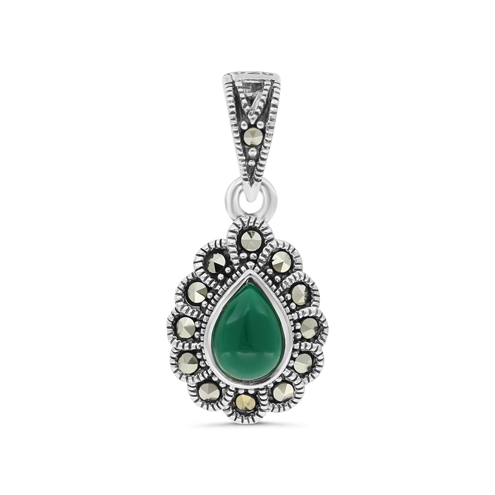 Sterling Silver 925 Pendant Embedded With Natural Green Agate And Marcasite Stones