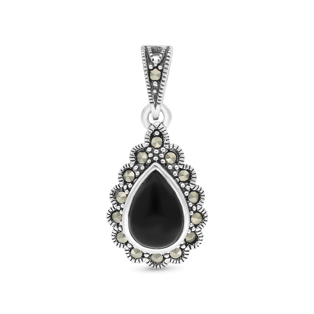 Sterling Silver 925 Pendant Embedded With Natural Black Agate And Marcasite Stones