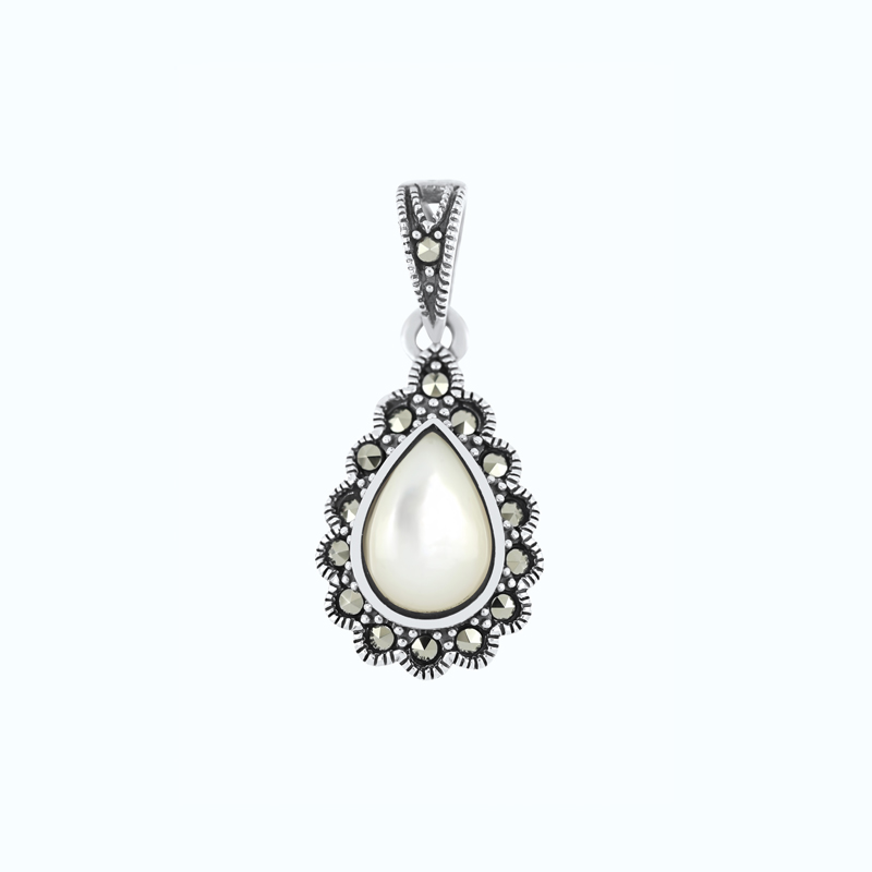 Sterling Silver 925 Pendant Embedded With Natural White Shell And Marcasite Stones