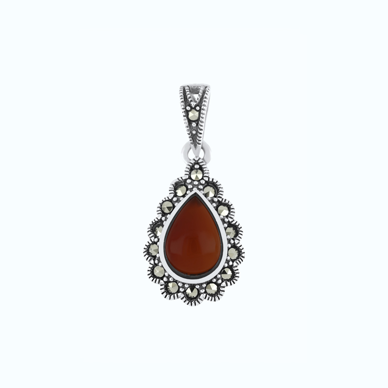 Sterling Silver 925 Pendant Embedded With Natural Aqiq And Marcasite Stones