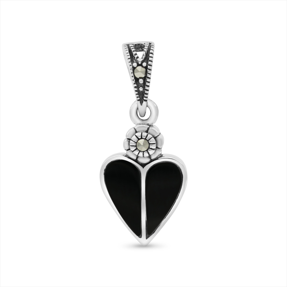 Sterling Silver 925 Pendant Embedded With Natural Black Agate And Marcasite Stones