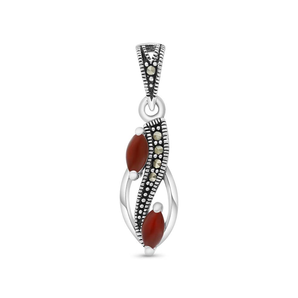 Sterling Silver 925 Pendant Embedded With Natural Aqiq And Marcasite Stones