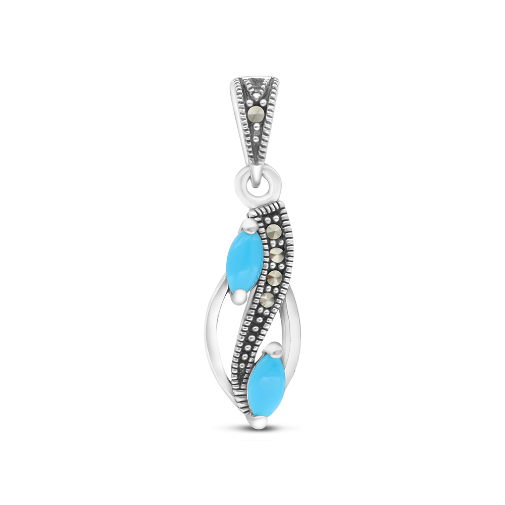 Sterling Silver 925 Pendant Embedded With Natural Processed Turquoise And Marcasite Stones