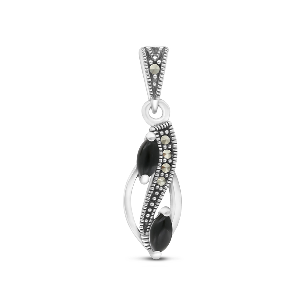 Sterling Silver 925 Pendant Embedded With Natural Black Agate And Marcasite Stones