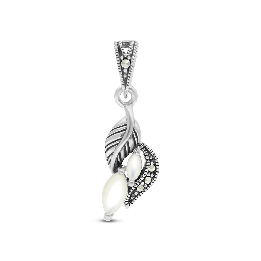 Sterling Silver 925 Pendant Embedded With Natural White Shell And Marcasite Stones