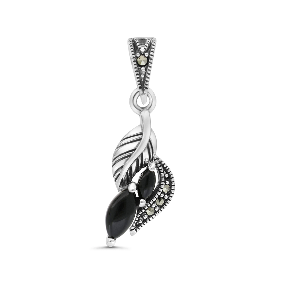 Sterling Silver 925 Pendant Embedded With Natural Black Agate And Marcasite Stones