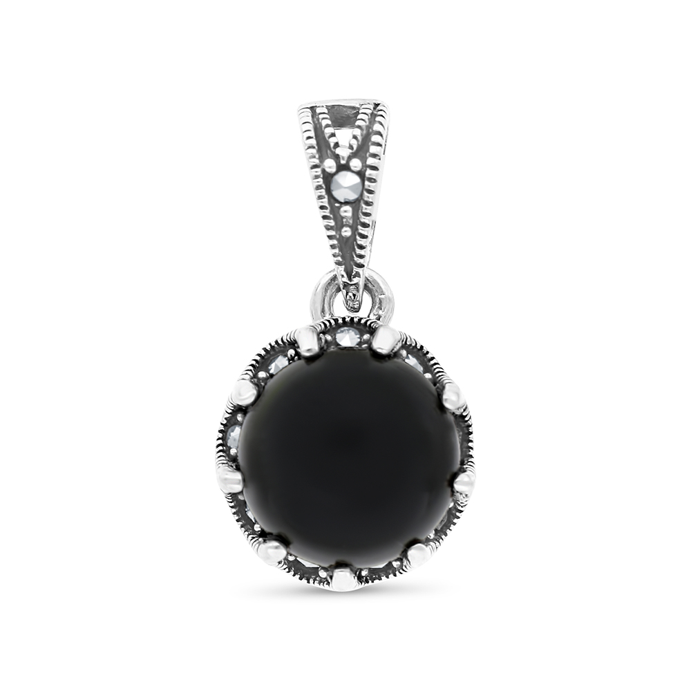 Sterling Silver 925 Pendant Embedded With Natural Black Agate And Marcasite Stones