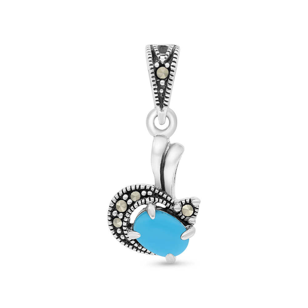 Sterling Silver 925 Pendant Embedded With Natural Processed Turquoise And Marcasite Stones