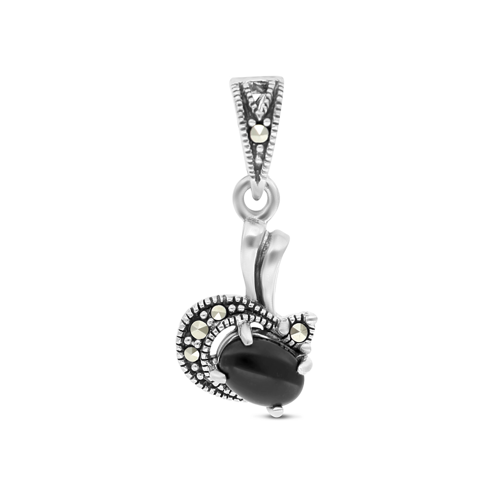 Sterling Silver 925 Pendant Embedded With Natural Black Agate And Marcasite Stones