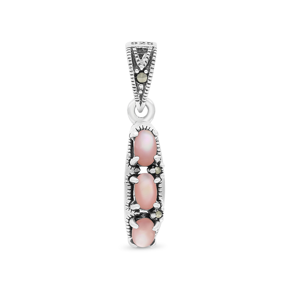 Sterling Silver 925 Pendant Embedded With Natural Pink Shell And Marcasite Stones