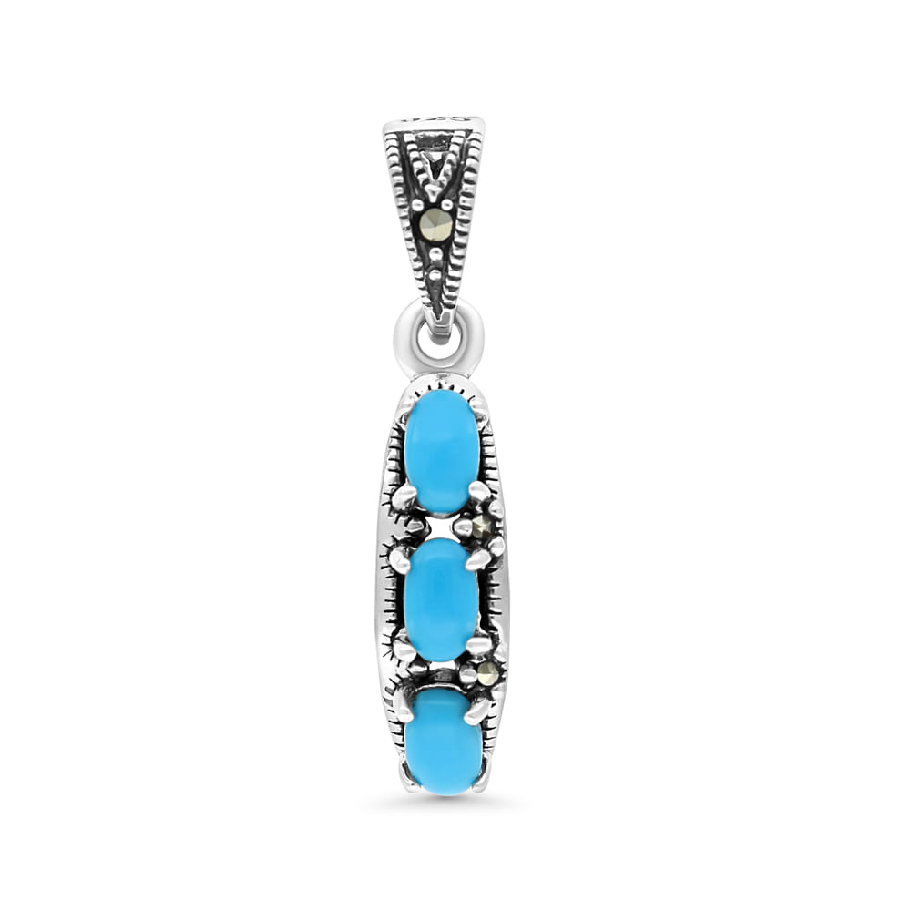 Sterling Silver 925 Pendant Embedded With Natural Processed Turquoise And Marcasite Stones