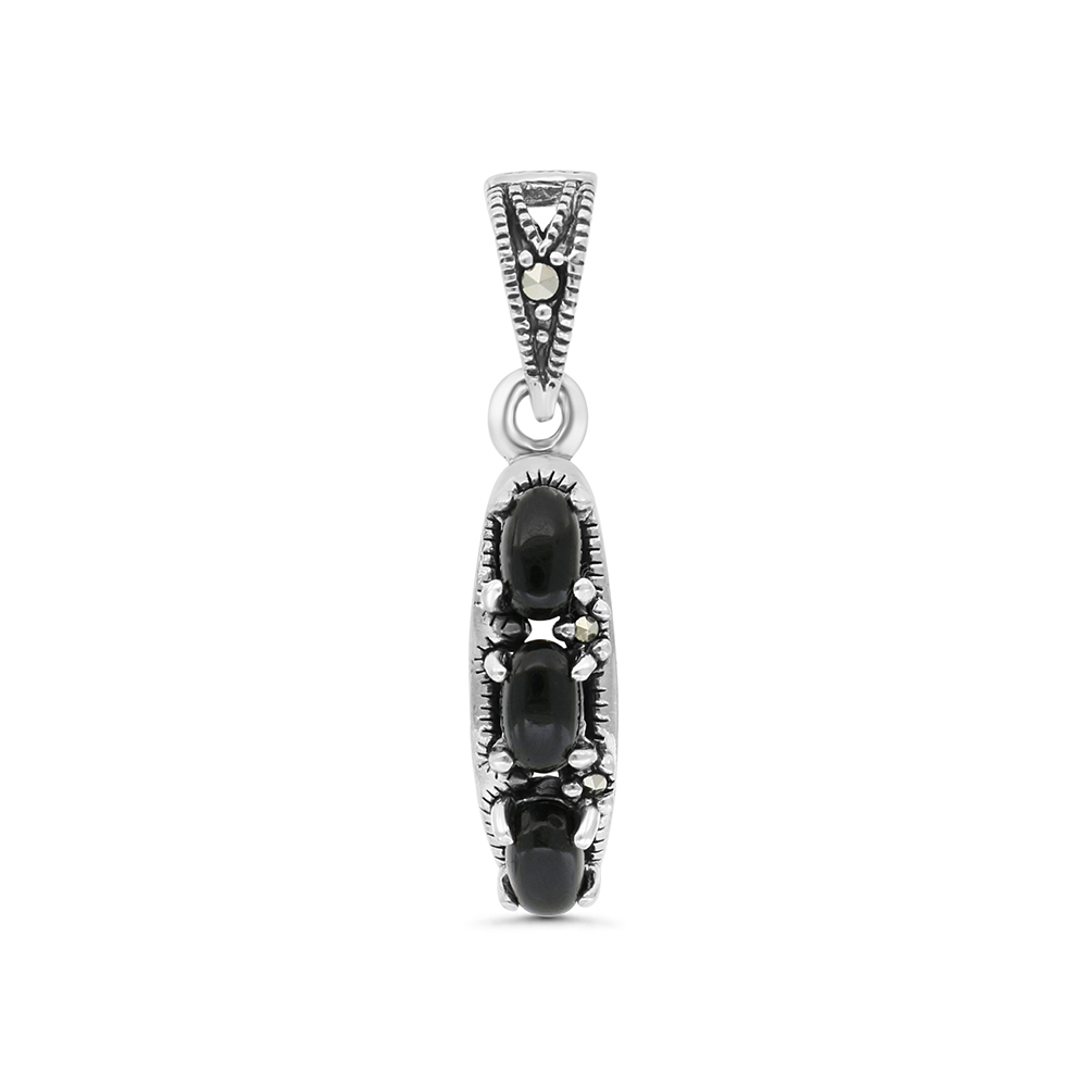 Sterling Silver 925 Pendant Embedded With Natural Black Agate And Marcasite Stones