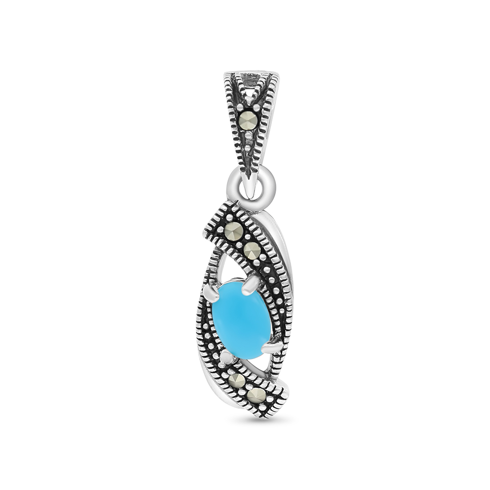 Sterling Silver 925 Pendant Embedded With Natural Processed Turquoise And Marcasite Stones