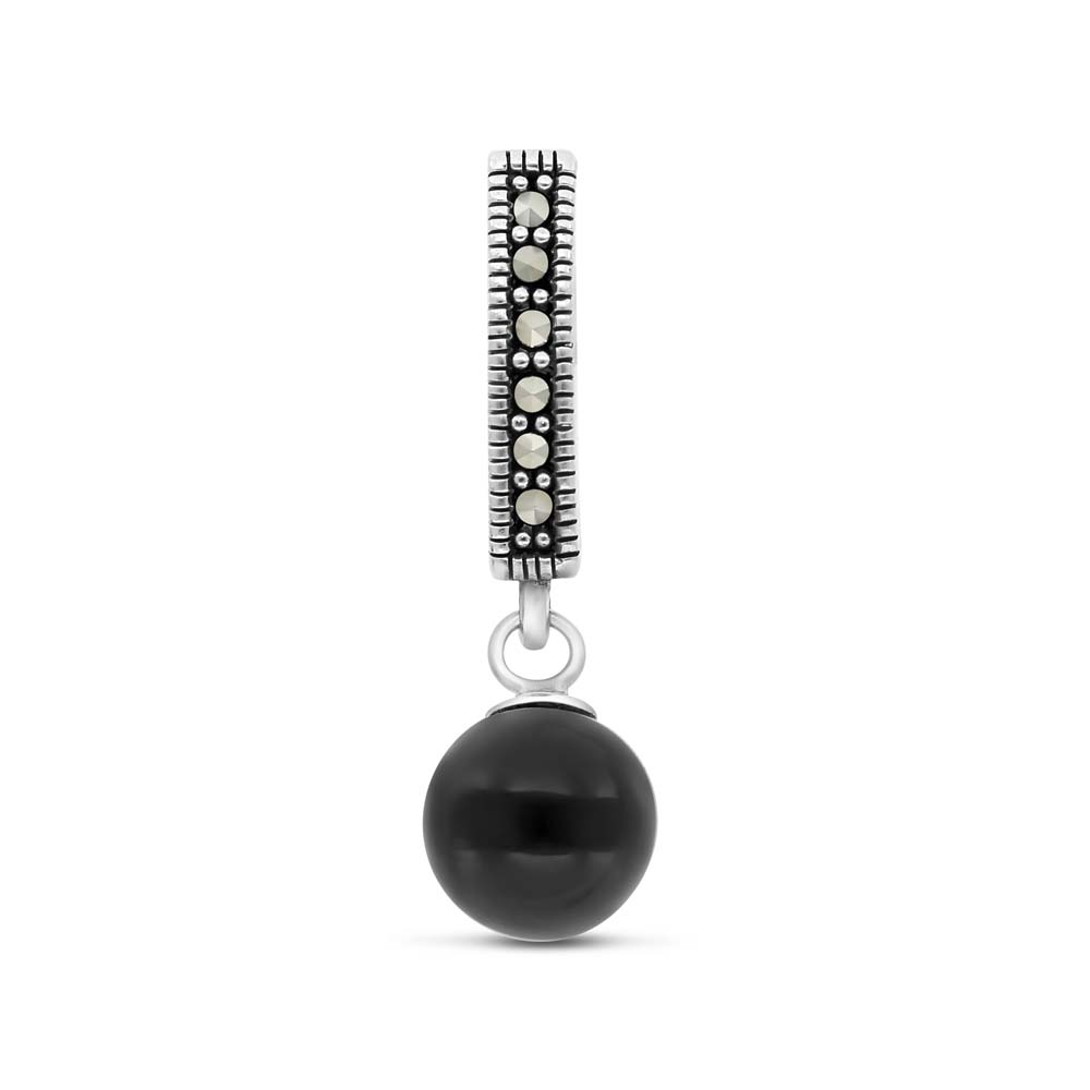 Sterling Silver 925 Pendant Embedded With Natural Black Agate And Marcasite Stones